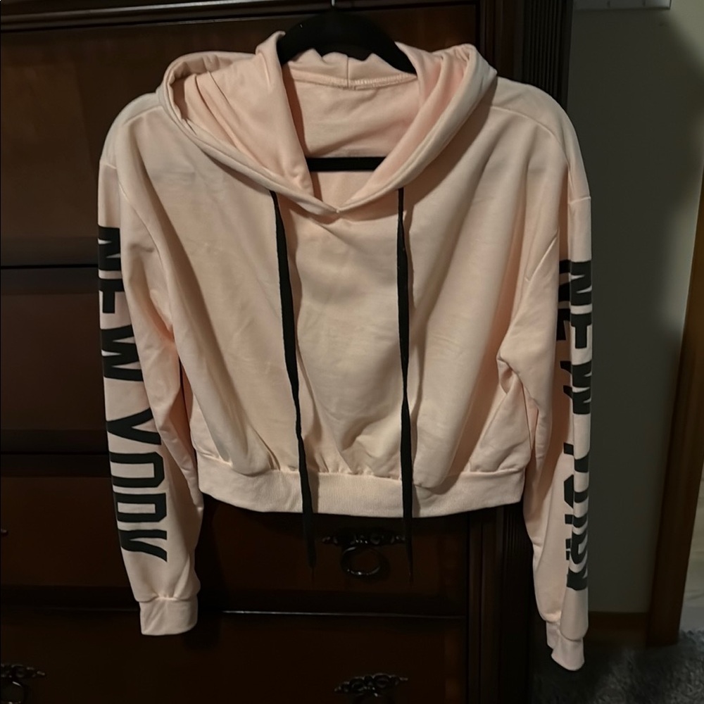 Cream Cropped Hoodie with Black Lettering